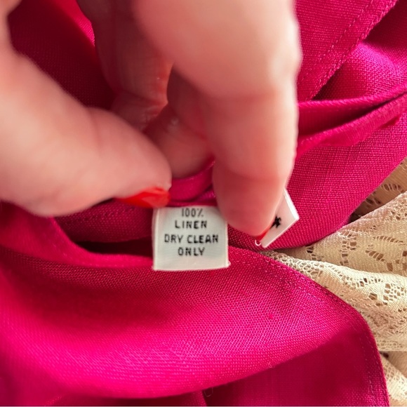 Vintage Pink V Neck Button Front Midi 100% Linen Dress Lace Slip Lining Large - Picture 5 of 15